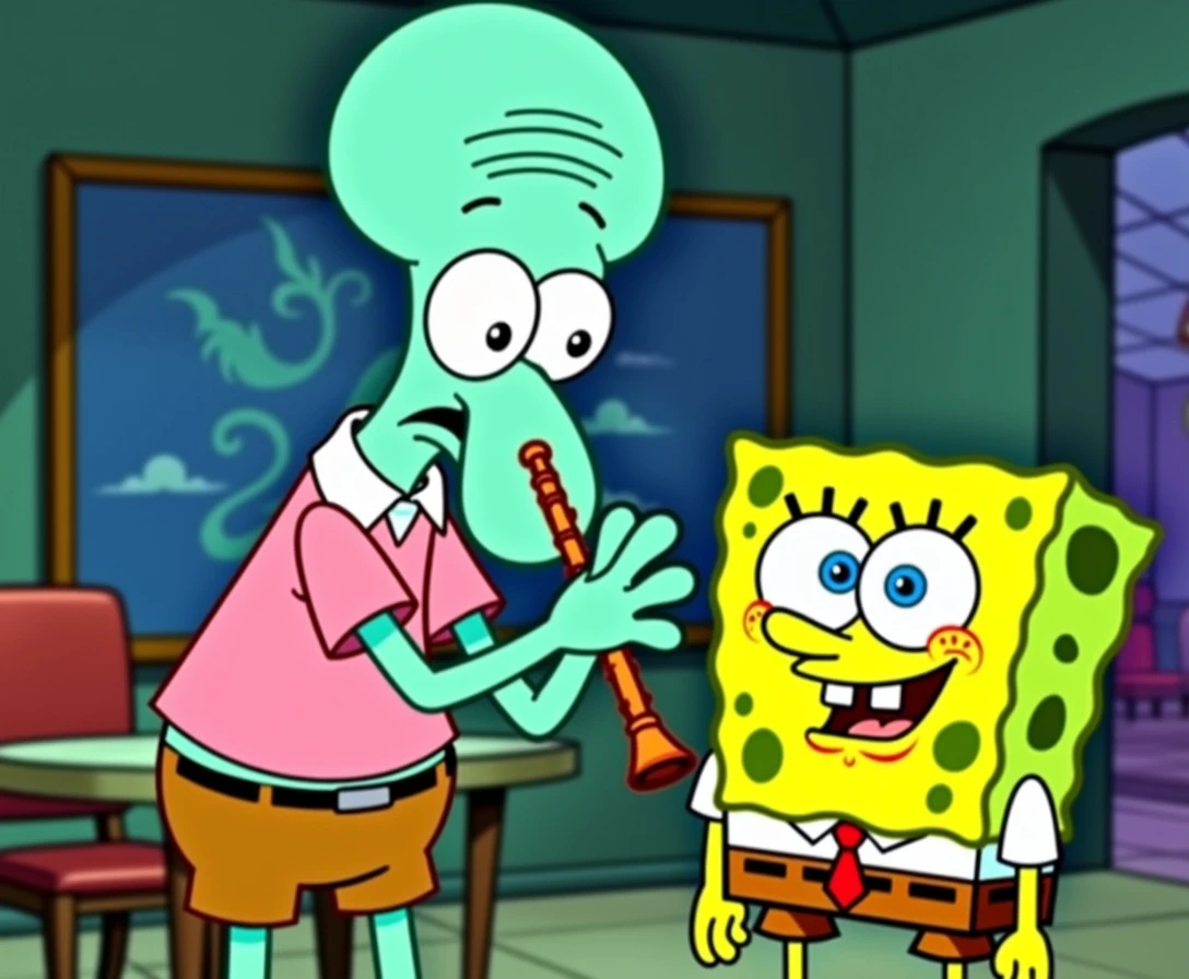 Squidward wearing pink clothes with collar and... - FluxPro.art