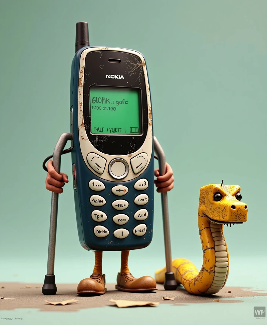 A 3D illustration featuring an elderly Nokia 1100