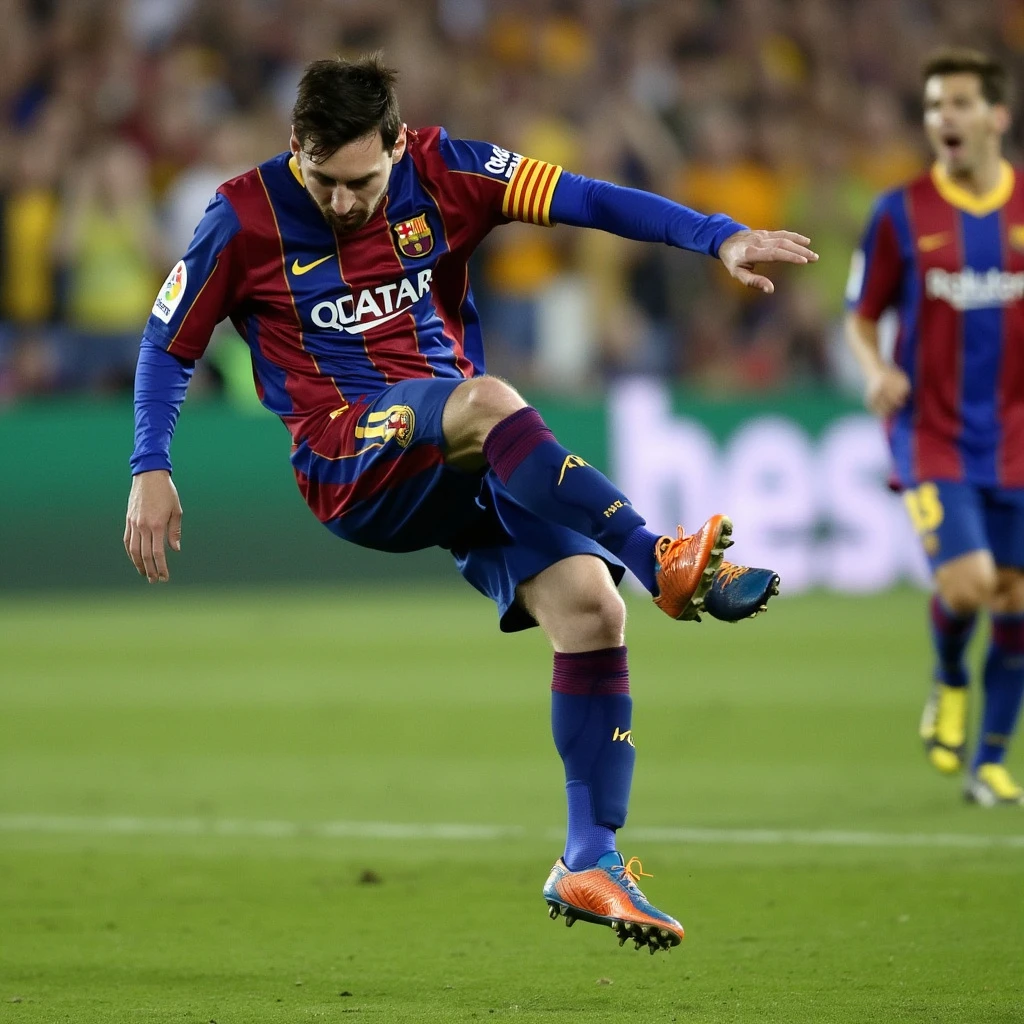 Lionel Messi falling during a goal celebration, by... - FluxPro.art