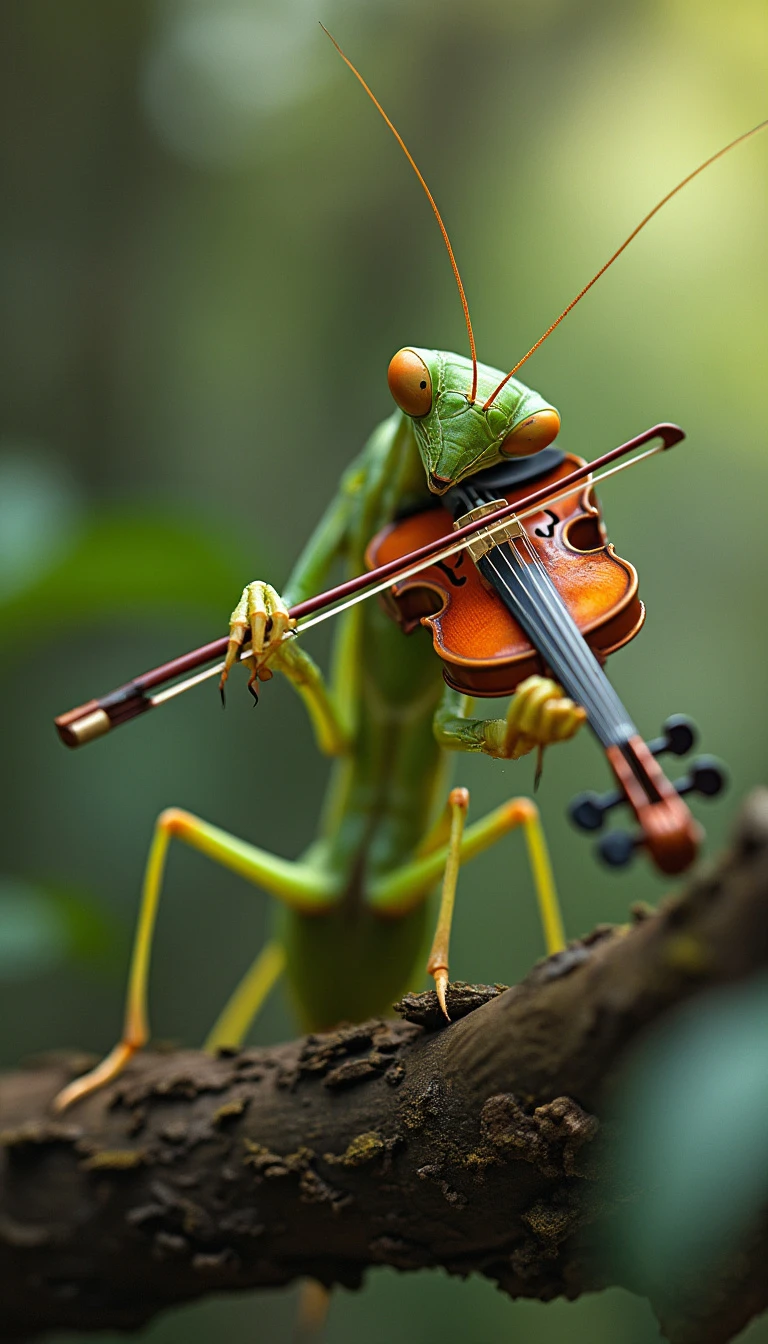 Playing Mantis Perception praying mantis sitting in a tree playing the... - FluxPro.art