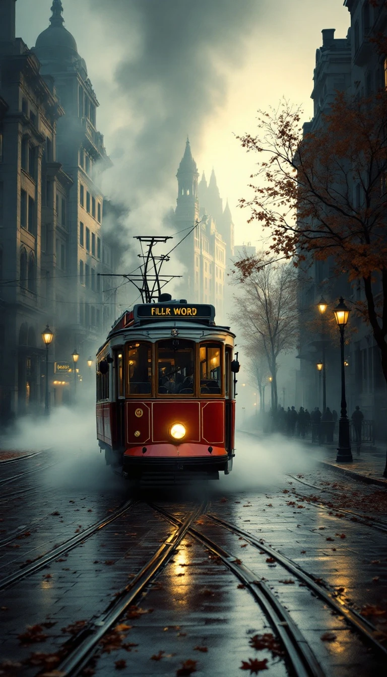 Vintage tram on a foggy city street, dramatic... - FluxPro.art
