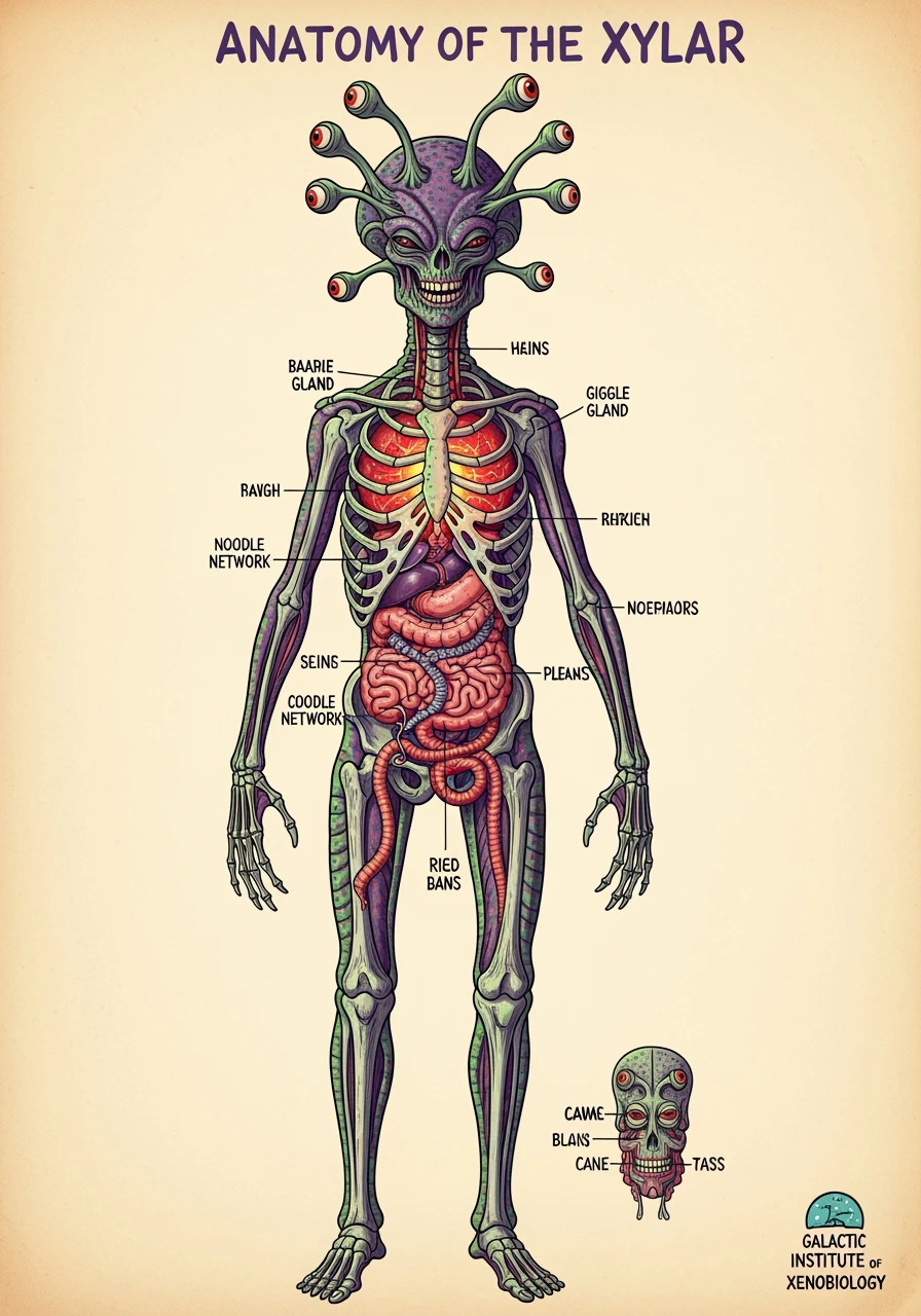 An anatomical chart of an alien, with its weird... - FluxPro.art